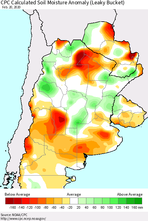 Southern South America CPC Soil Moisture Departure from Normal (Leaky Bucket) Thematic Map For 2/16/2020 - 2/20/2020