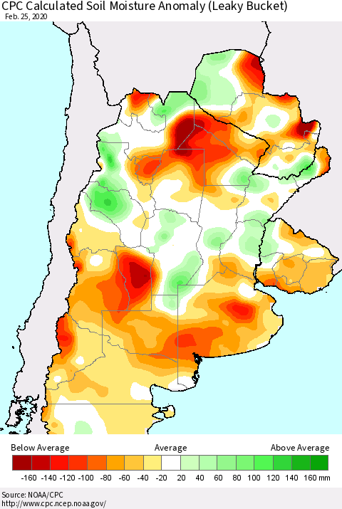 Southern South America CPC Soil Moisture Departure from Normal (Leaky Bucket) Thematic Map For 2/21/2020 - 2/25/2020