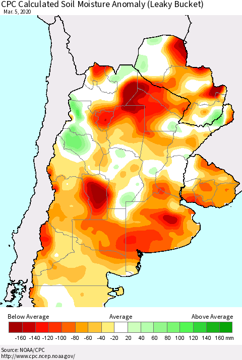 Southern South America CPC Soil Moisture Departure from Normal (Leaky Bucket) Thematic Map For 3/1/2020 - 3/5/2020