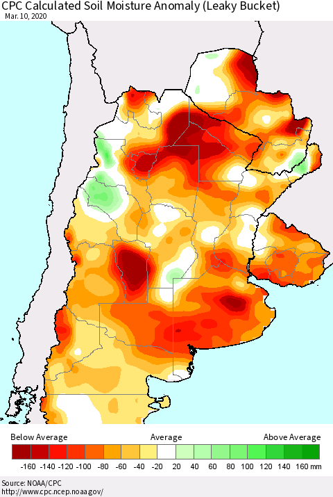 Southern South America CPC Soil Moisture Departure from Normal (Leaky Bucket) Thematic Map For 3/6/2020 - 3/10/2020