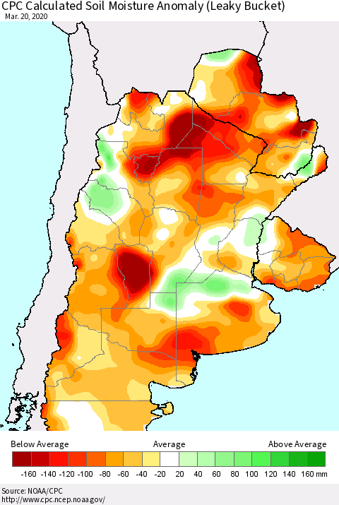 Southern South America CPC Soil Moisture Departure from Normal (Leaky Bucket) Thematic Map For 3/16/2020 - 3/20/2020
