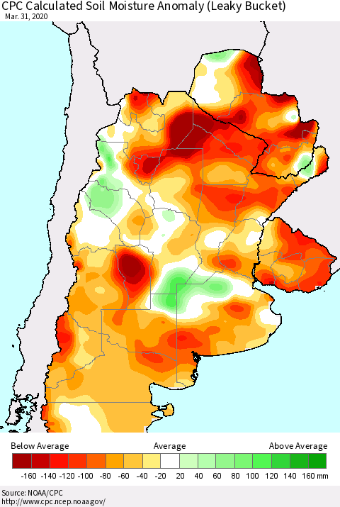 Southern South America CPC Soil Moisture Departure from Normal (Leaky Bucket) Thematic Map For 3/26/2020 - 3/31/2020