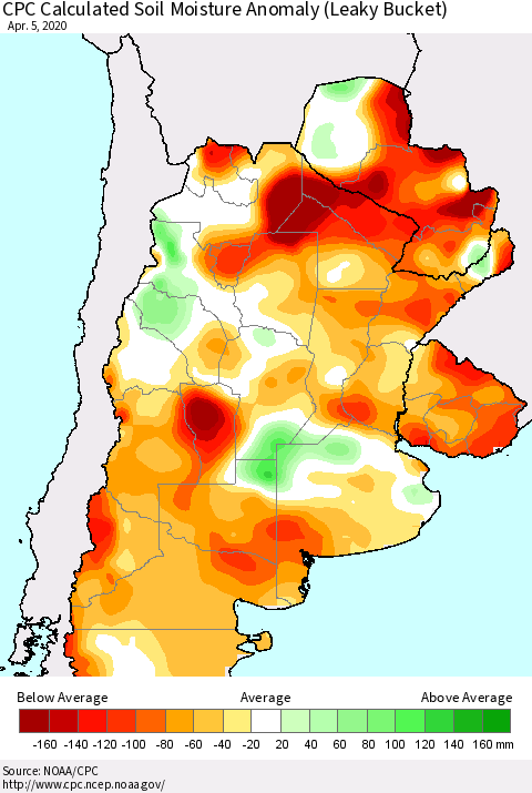 Southern South America CPC Soil Moisture Departure from Normal (Leaky Bucket) Thematic Map For 4/1/2020 - 4/5/2020