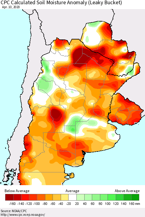 Southern South America CPC Soil Moisture Departure from Normal (Leaky Bucket) Thematic Map For 4/6/2020 - 4/10/2020