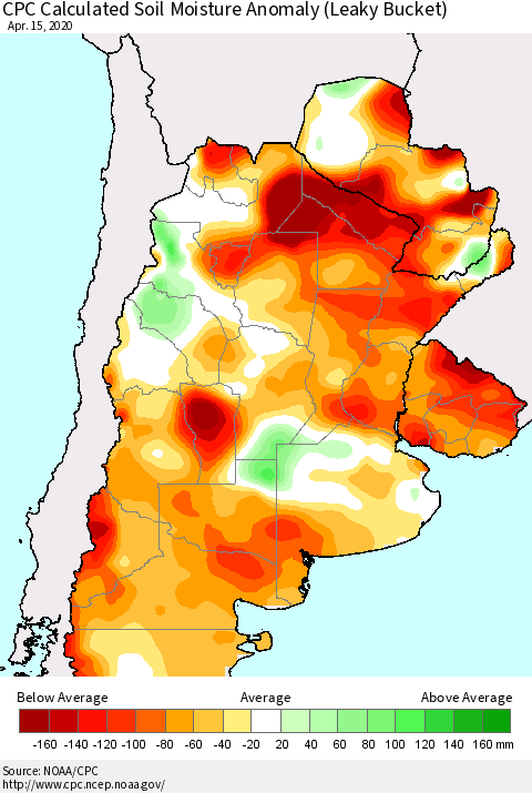 Southern South America CPC Soil Moisture Departure from Normal (Leaky Bucket) Thematic Map For 4/11/2020 - 4/15/2020