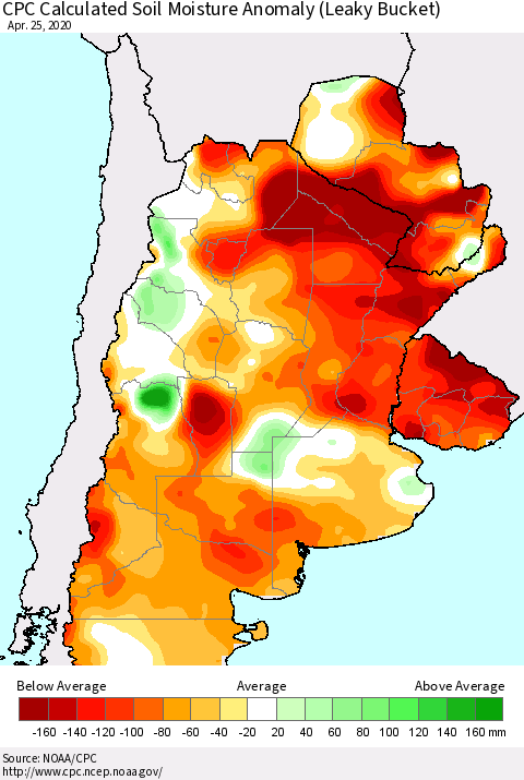 Southern South America CPC Soil Moisture Departure from Normal (Leaky Bucket) Thematic Map For 4/21/2020 - 4/25/2020