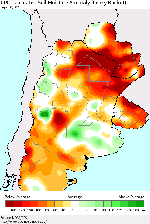 Southern South America CPC Soil Moisture Departure from Normal (Leaky Bucket) Thematic Map For 4/26/2020 - 4/30/2020
