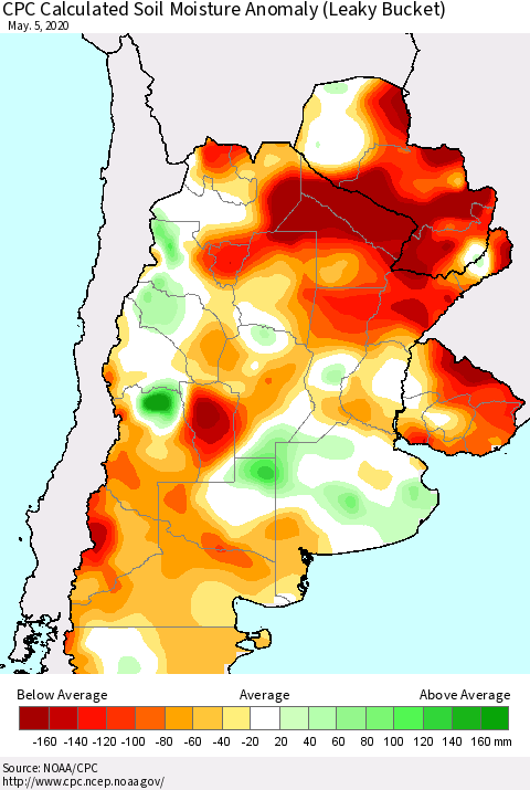 Southern South America CPC Soil Moisture Departure from Normal (Leaky Bucket) Thematic Map For 5/1/2020 - 5/5/2020