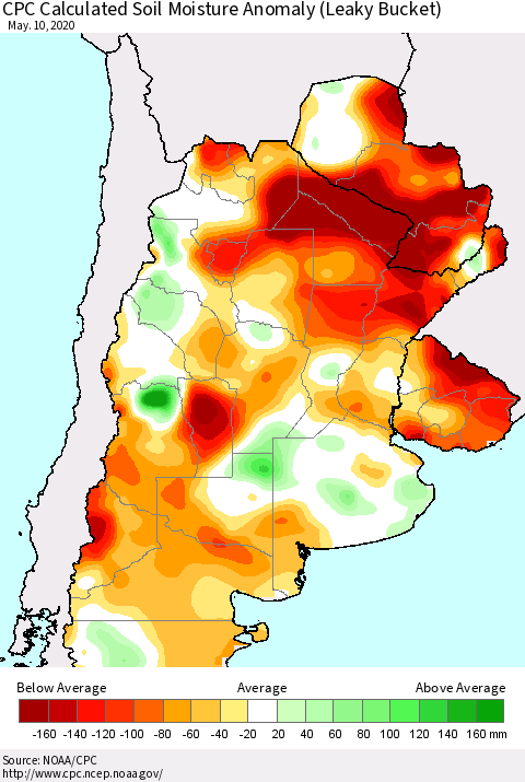 Southern South America CPC Soil Moisture Departure from Normal (Leaky Bucket) Thematic Map For 5/6/2020 - 5/10/2020
