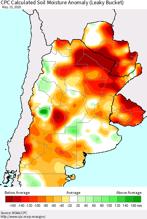 Southern South America CPC Soil Moisture Departure from Normal (Leaky Bucket) Thematic Map For 5/11/2020 - 5/15/2020