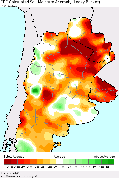 Southern South America CPC Soil Moisture Departure from Normal (Leaky Bucket) Thematic Map For 5/16/2020 - 5/20/2020