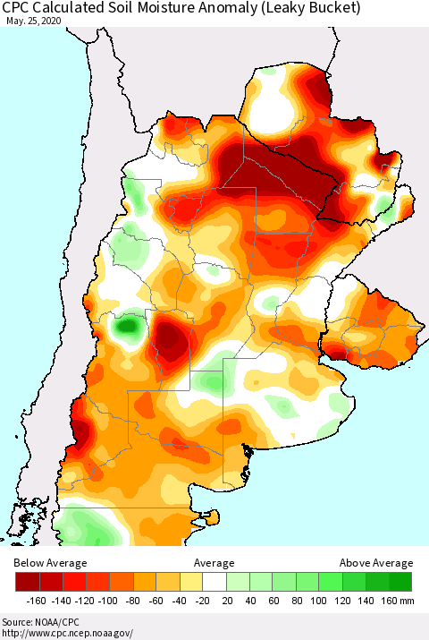 Southern South America CPC Soil Moisture Departure from Normal (Leaky Bucket) Thematic Map For 5/21/2020 - 5/25/2020