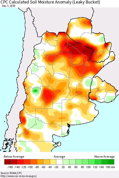 Southern South America CPC Soil Moisture Departure from Normal (Leaky Bucket) Thematic Map For 9/1/2020 - 9/5/2020