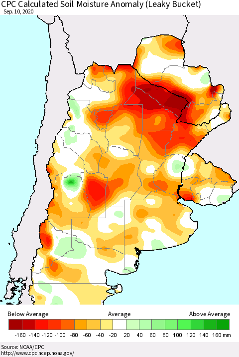 Southern South America CPC Soil Moisture Departure from Normal (Leaky Bucket) Thematic Map For 9/6/2020 - 9/10/2020