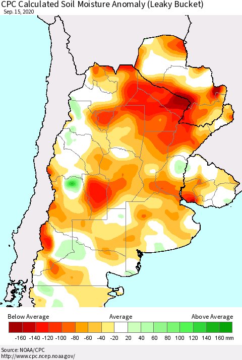 Southern South America CPC Calculated Soil Moisture Anomaly (Leaky Bucket) Thematic Map For 9/11/2020 - 9/15/2020