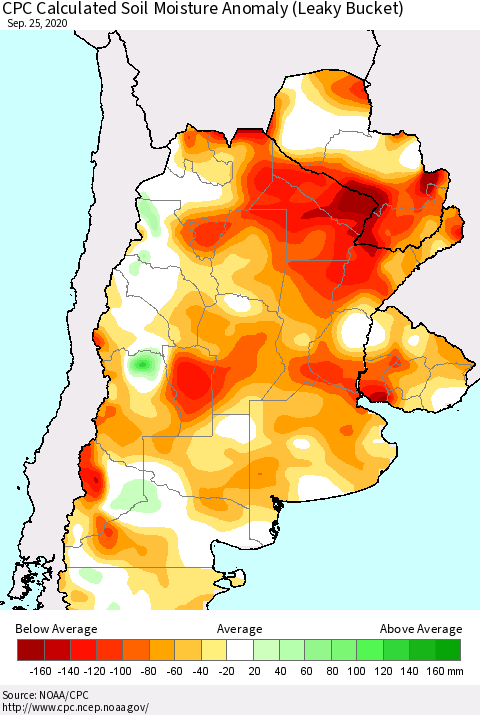Southern South America CPC Calculated Soil Moisture Anomaly (Leaky Bucket) Thematic Map For 9/21/2020 - 9/25/2020