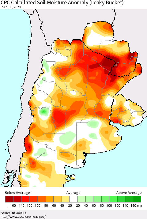 Southern South America CPC Calculated Soil Moisture Anomaly (Leaky Bucket) Thematic Map For 9/26/2020 - 9/30/2020