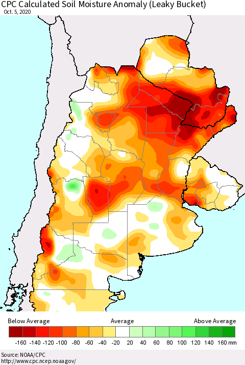 Southern South America CPC Calculated Soil Moisture Anomaly (Leaky Bucket) Thematic Map For 10/1/2020 - 10/5/2020