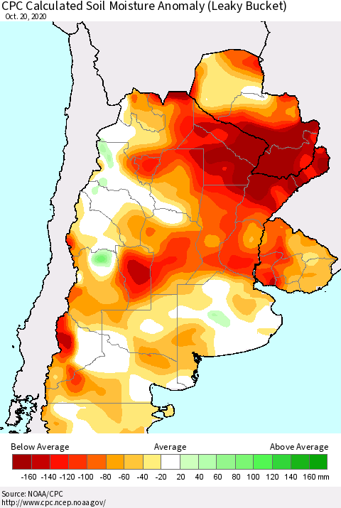 Southern South America CPC Calculated Soil Moisture Anomaly (Leaky Bucket) Thematic Map For 10/16/2020 - 10/20/2020