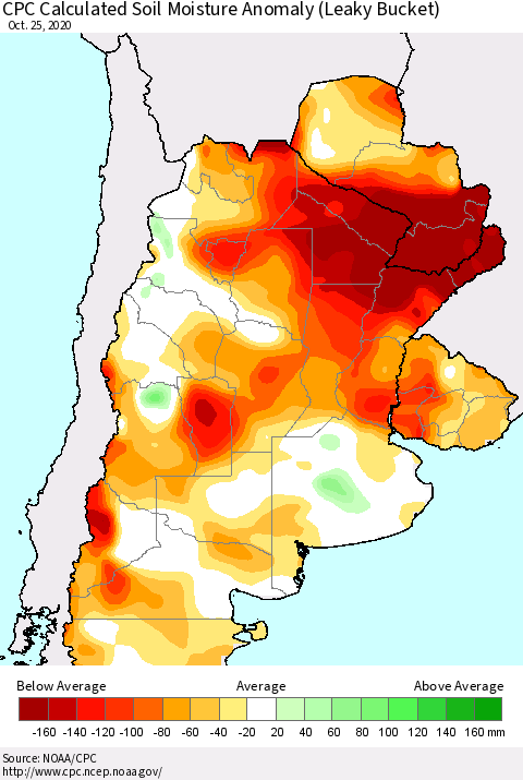 Southern South America CPC Soil Moisture Departure from Normal (Leaky Bucket) Thematic Map For 10/21/2020 - 10/25/2020