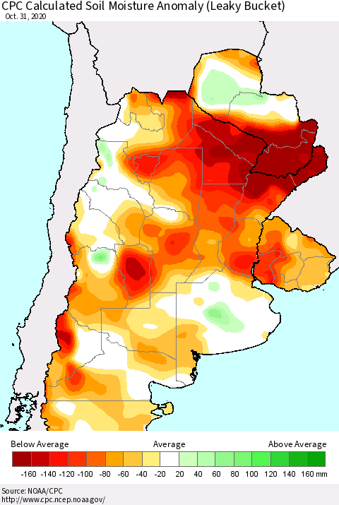 Southern South America CPC Calculated Soil Moisture Anomaly (Leaky Bucket) Thematic Map For 10/26/2020 - 10/31/2020