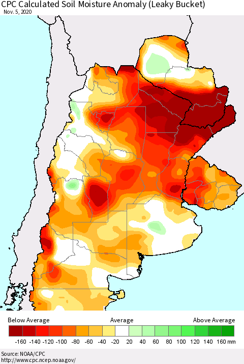Southern South America CPC Calculated Soil Moisture Anomaly (Leaky Bucket) Thematic Map For 11/1/2020 - 11/5/2020