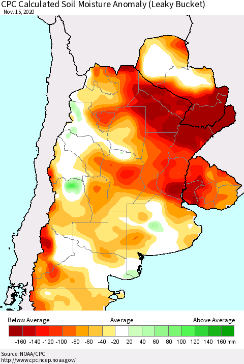 Southern South America CPC Calculated Soil Moisture Anomaly (Leaky Bucket) Thematic Map For 11/11/2020 - 11/15/2020