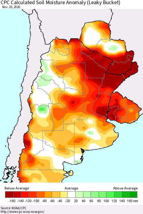 Southern South America CPC Calculated Soil Moisture Anomaly (Leaky Bucket) Thematic Map For 11/16/2020 - 11/20/2020