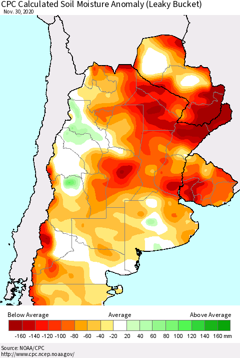 Southern South America CPC Calculated Soil Moisture Anomaly (Leaky Bucket) Thematic Map For 11/26/2020 - 11/30/2020
