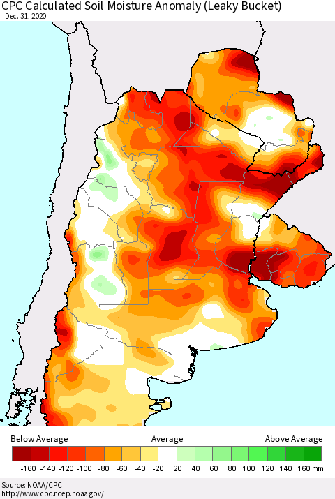 Southern South America CPC Calculated Soil Moisture Anomaly (Leaky Bucket) Thematic Map For 12/26/2020 - 12/31/2020