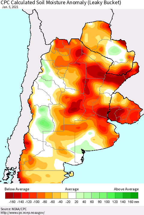 Southern South America CPC Calculated Soil Moisture Anomaly (Leaky Bucket) Thematic Map For 1/1/2021 - 1/5/2021