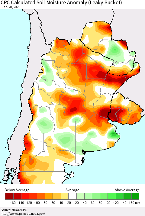 Southern South America CPC Soil Moisture Departure from Normal (Leaky Bucket) Thematic Map For 1/16/2021 - 1/20/2021
