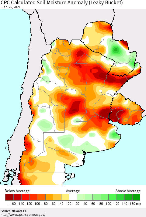 Southern South America CPC Soil Moisture Departure from Normal (Leaky Bucket) Thematic Map For 1/21/2021 - 1/25/2021