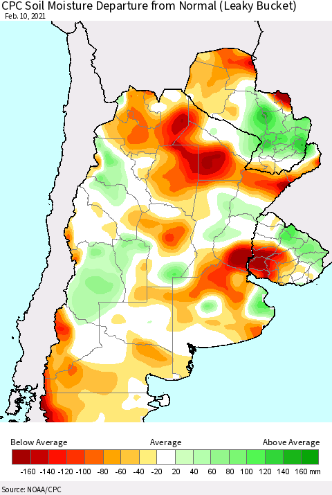 Southern South America CPC Calculated Soil Moisture Anomaly (Leaky Bucket) Thematic Map For 2/6/2021 - 2/10/2021