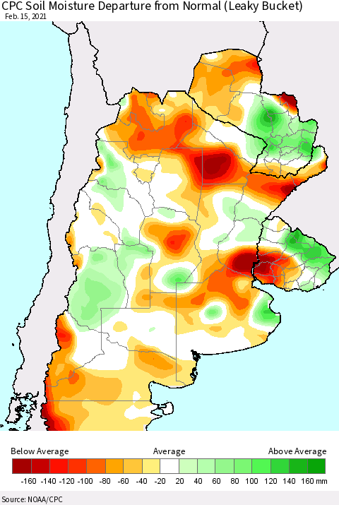 Southern South America CPC Calculated Soil Moisture Anomaly (Leaky Bucket) Thematic Map For 2/11/2021 - 2/15/2021