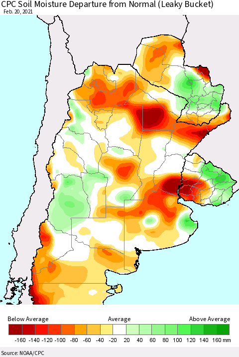 Southern South America CPC Soil Moisture Departure from Normal (Leaky Bucket) Thematic Map For 2/16/2021 - 2/20/2021