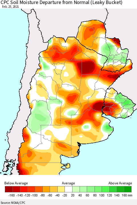 Southern South America CPC Calculated Soil Moisture Anomaly (Leaky Bucket) Thematic Map For 2/21/2021 - 2/25/2021