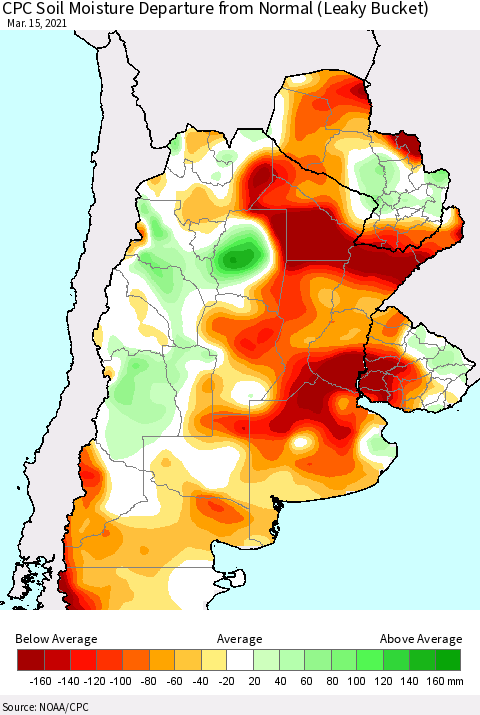 Southern South America CPC Calculated Soil Moisture Anomaly (Leaky Bucket) Thematic Map For 3/11/2021 - 3/15/2021