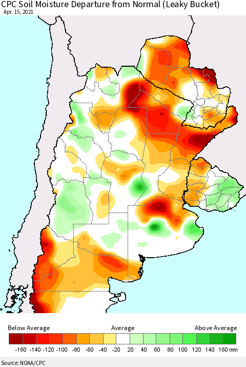 Southern South America CPC Calculated Soil Moisture Anomaly (Leaky Bucket) Thematic Map For 4/11/2021 - 4/15/2021