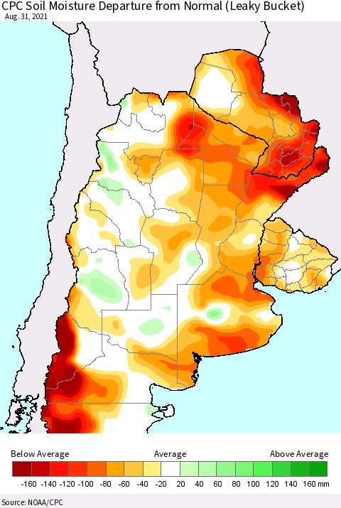 Southern South America CPC Soil Moisture Departure from Normal (Leaky Bucket) Thematic Map For 8/26/2021 - 8/31/2021