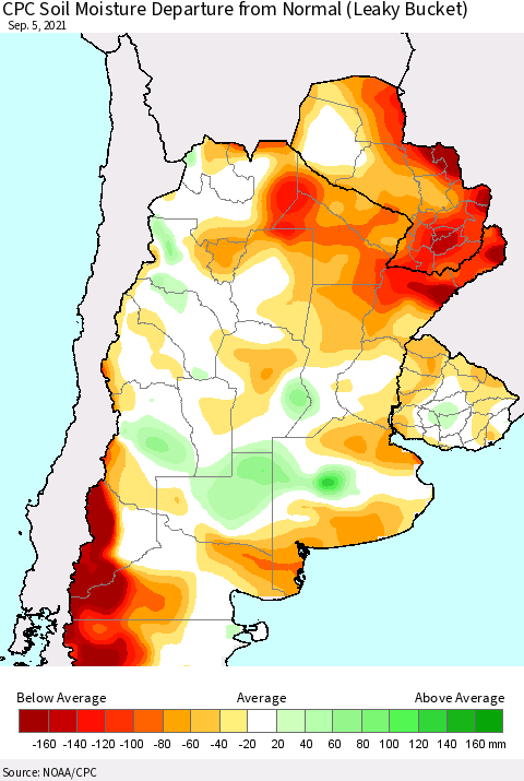 Southern South America CPC Soil Moisture Anomaly (Leaky Bucket) Thematic Map For 9/1/2021 - 9/5/2021