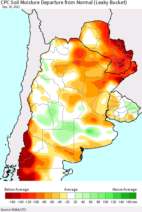 Southern South America CPC Soil Moisture Anomaly (Leaky Bucket) Thematic Map For 9/26/2021 - 9/30/2021