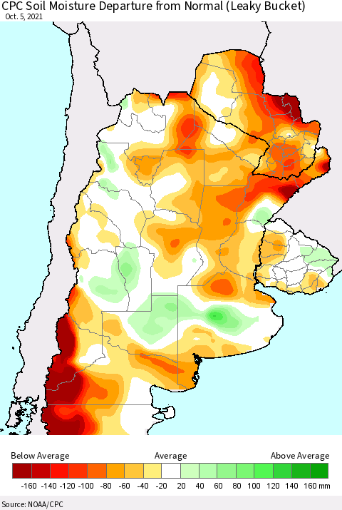 Southern South America CPC Soil Moisture Anomaly (Leaky Bucket) Thematic Map For 10/1/2021 - 10/5/2021