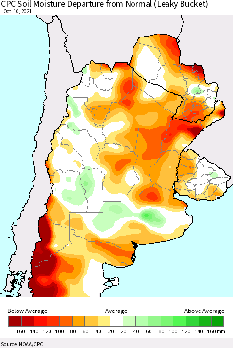 Southern South America CPC Soil Moisture Anomaly (Leaky Bucket) Thematic Map For 10/6/2021 - 10/10/2021