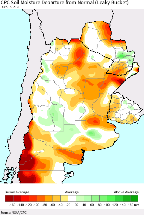 Southern South America CPC Soil Moisture Anomaly (Leaky Bucket) Thematic Map For 10/11/2021 - 10/15/2021