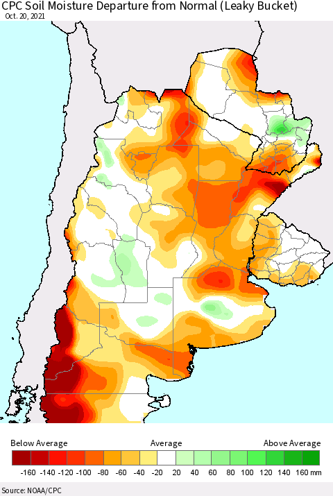 Southern South America CPC Soil Moisture Anomaly (Leaky Bucket) Thematic Map For 10/16/2021 - 10/20/2021