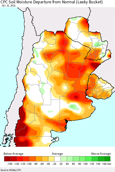 Southern South America CPC Soil Moisture Anomaly (Leaky Bucket) Thematic Map For 10/26/2021 - 10/31/2021