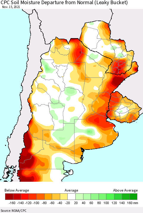 Southern South America CPC Soil Moisture Anomaly (Leaky Bucket) Thematic Map For 11/11/2021 - 11/15/2021