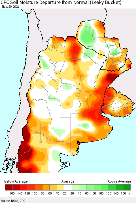 Southern South America CPC Soil Moisture Departure from Normal (Leaky Bucket) Thematic Map For 11/16/2021 - 11/20/2021