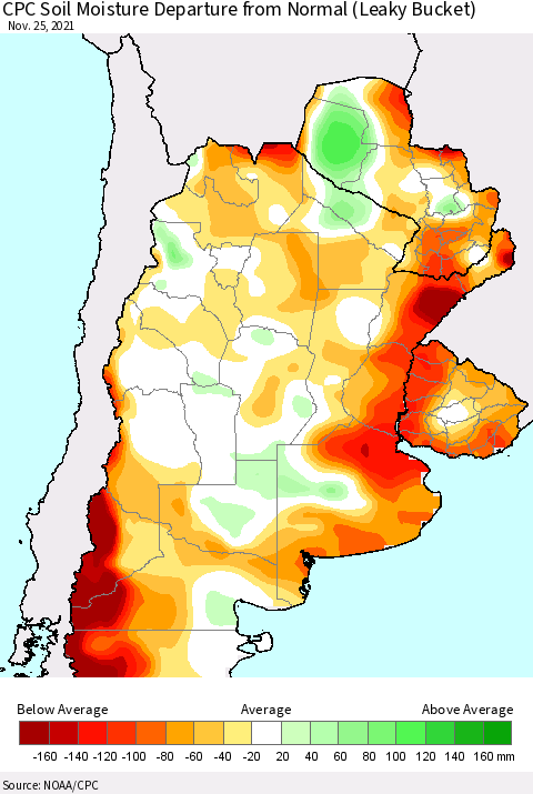 Southern South America CPC Soil Moisture Departure from Normal (Leaky Bucket) Thematic Map For 11/21/2021 - 11/25/2021